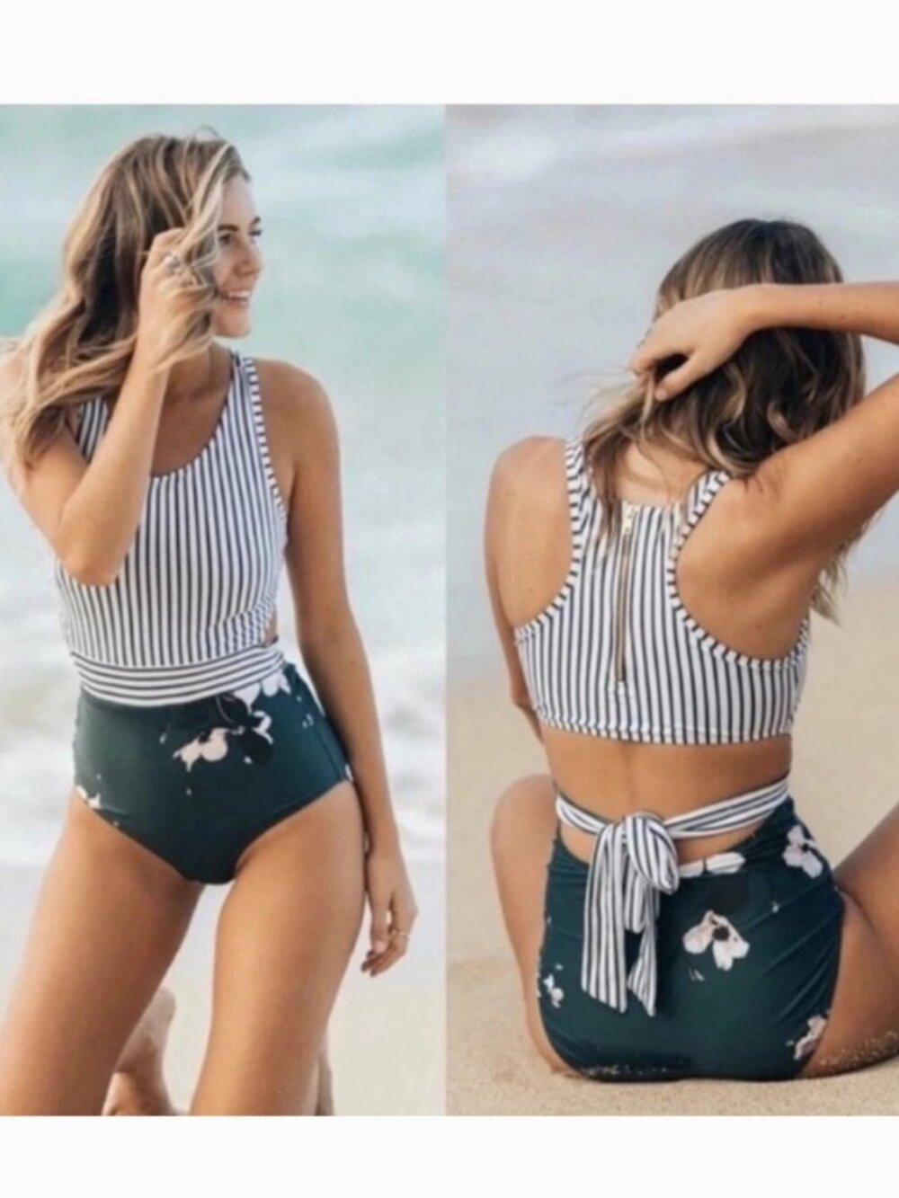 Albion Bon Voyage One Piece Swimsuit Size M Green Floral Stripes Racerback Zip
